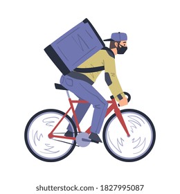 Express Delivery Service, Male Courier Delivering Pizza with Bicycle Cartoon Style Vector Illustration
