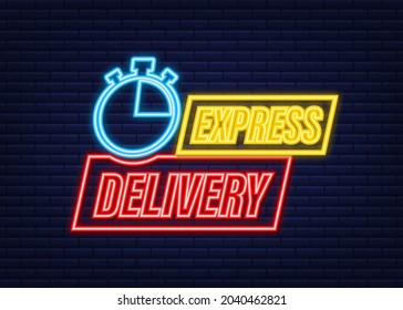Express delivery service neon icon. Fast time delivery order with stopwatch. Vector stock illustration.