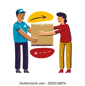 Express delivery service, parcel transportation concept. Courier gives customer cardboard box, woman receives mail. Flat vector illustration