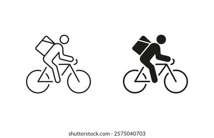 Express Delivery Service Pictogram. Courier On Bike Line and Silhouette Icon Set. Editable Stroke. Isolated Vector Illustration.