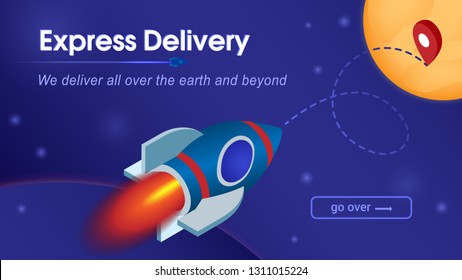 Express Delivery Service. Rocket Delivers Order to Moon. Spaceship Flying by Route to Destination. Space Background. Fast Delivery. Online Shopping Concept. Sales and Marketing. Vector EPS 10.