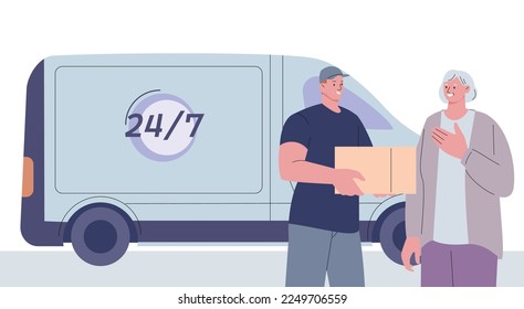 Express delivery service, round clock shipping company. Logistic, online order and postman with parcel for old woman. Vector transportation concept