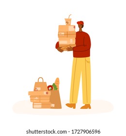 Express delivery service - safe delivery of products, meal for whole week or parcels to home, funny man or courier in uniform with box or package - flat cartoon vector isolated on white background.