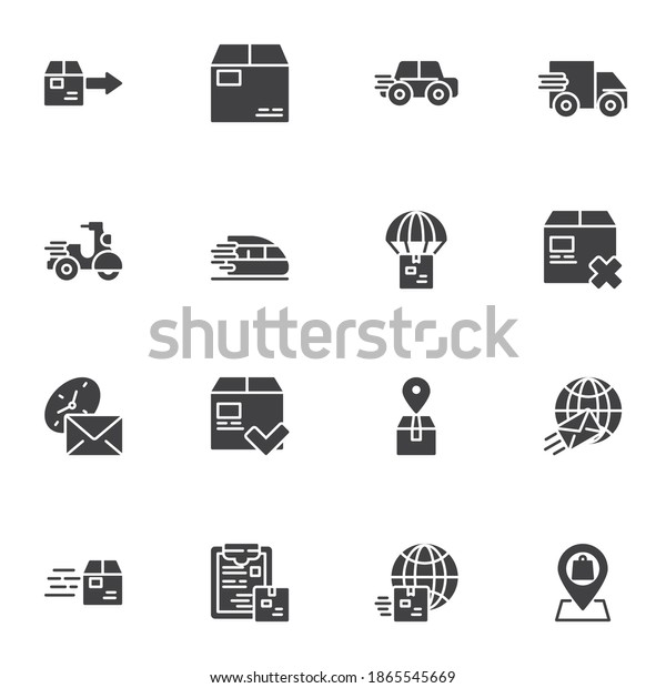 Express delivery service vector icons set, modern\
solid symbol collection, filled style pictogram pack. Signs, logo\
illustration. Set includes icons as cardboard parcel box, delivery\
truck, post mail