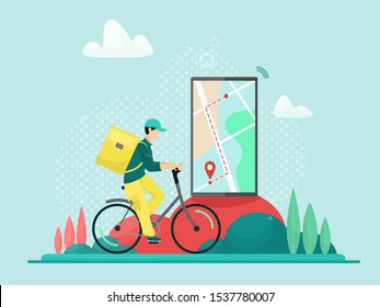 Express delivery service vector illustration. Young man with package on bicycle cartoon character. Transportation business. Customer tracking order route with mobile app. Courier using smartphone GPS