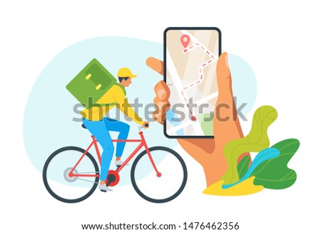 Express delivery service vector illustration. Young man with package on bicycle cartoon character. Transportation business. Customer tracking order route with mobile app. Courier using smartphone GPS