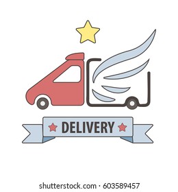 Modelo de logotipo del vector del servicio de entrega urgente para la empresa logística o la entrega por correo de alimentos y mercancías. Símbolo de camión o coche con alas y cinta con estrellas