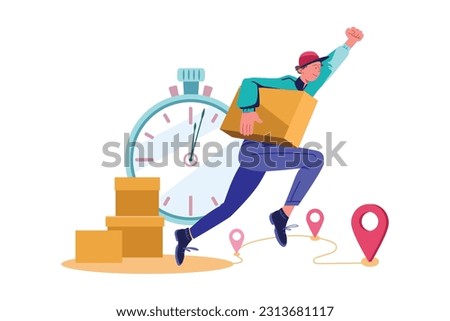 Express delivery services to home or office. Male vector character is in hurry to deliver box with order. Guy quickly carries package. Route with several locations. Urban lifestyle