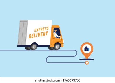 Express delivery services and logistics. Truck with man is carrying parcels on points. Vector illustration.