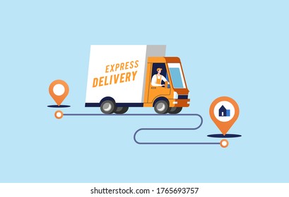 Express delivery services and logistics. Truck with man is carrying parcels on points. Vector illustration.