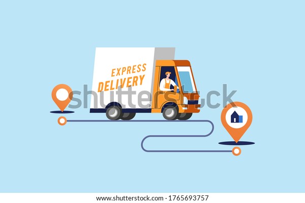Express delivery services\
and logistics. Truck with man is carrying parcels on points. Vector\
illustration.