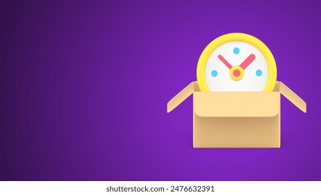 Express delivery shipment countdown time clock in open cardboard box courier service 3d icon vector illustration. Fast logistic distribution freight postal parcel shipping transportation service