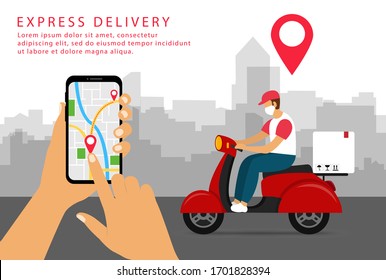 Express delivery. Shipping in smartphone. Delivery man on a scooter in a mask. Flat style.