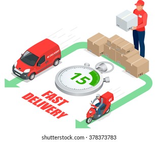 Express delivery. Shopping online. Free shipping. 24 hour delivery. Flat 3d vector isometric illustration