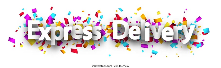 Express delivery sign over cut out colorful ribbon confetti background. Design element. Vector illustration.