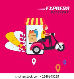 Express Delivery Social Media Post, Scooter Delivery, Online Delivery service or Bike and Home Delivery Ads or Icon
