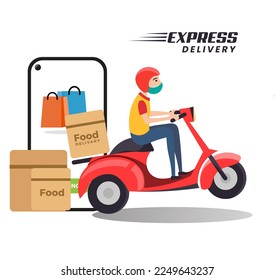 Express-Lieferung von Social-Media-Post, Scooter-Lieferung, Online-Zustelldienst oder Bike- und Home-Zustellung-Anzeigen oder -Symbol
