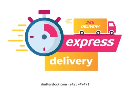Express delivery, stopwatch, 24h delivery, truck, shipping, flat illustration
