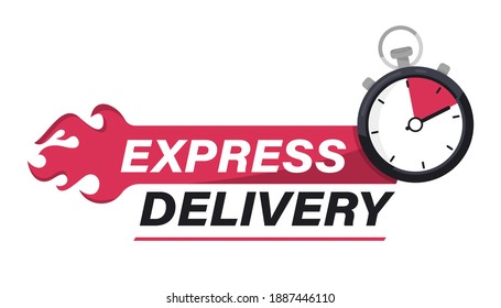 Express delivery with Stopwatch icon. Sticker, label Fast delivery. Timer and express delivery inscription. Urgent shipping services. Online delivery, quick move. fast distribution service 24-7