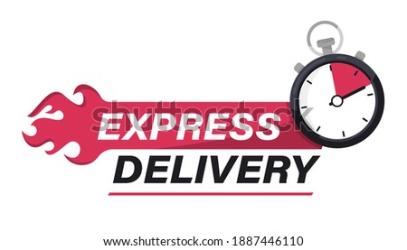 Express delivery with Stopwatch icon. Sticker, label Fast delivery. Timer and express delivery inscription. Urgent shipping services. Online delivery, quick move. fast distribution service 24-7