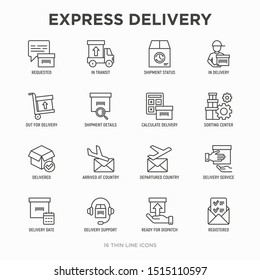 Express delivery thin line icons set: parcel, truck, out for delivery, searchong of shipment, courier, sorting center, dispatch, registered, delivered. Modern vector illustration.