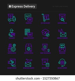 Express delivery thin line icons set: parcel, truck, out for delivery, searching of shipment, courier, sorting center, dispatch, registered, delivered. Modern vector illustration for black theme.