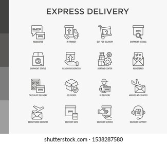 Express delivery thin line icons set: parcel, truck, out for delivery, searching of shipment, courier, sorting center, dispatch, registered, delivered. Modern vector illustration.