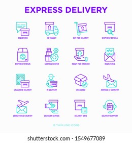 Express delivery thin line icons set: parcel, truck, out for delivery, searching of shipment, courier, sorting center, dispatch, registered, delivered. Modern vector illustration.