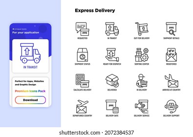 Express delivery thin line icons set: parcel, truck, out for delivery, searchong of shipment, courier, sorting center, dispatch, registered, delivered. Modern vector illustration.