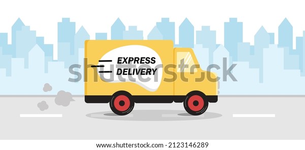 Express delivery truck is carrying parcels on\
points. Concept of delivery service. Delivery truck on city\
landscape. Design element of advertising, banner, social media.\
Vector illustration in\
cartoon