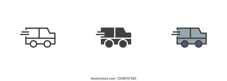 Express delivery truck different style icon set. Line, glyph and filled outline colorful version, outline and filled vector sign. Fast delivery van symbol, logo illustration. Vector graphics