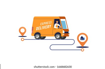 Express delivery truck with man is carrying parcels on points. Vector illustration.