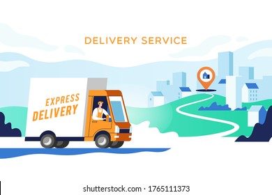 Express delivery truck with man is carrying parcels on points. Concept online map, tracking, service. Vector illustration.