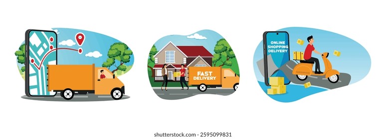 Express delivery truck with man is carrying parcels on points. Delivery boy giving cardboard box to young woman near house. A delivery man on scooter comes out of the phone screen. 