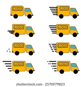 Express delivery truck vector glyph icons set. Fast shipment vans yellow illustrations pack. Courier service transport design element. Distribution and logistic isolated cliparts collection