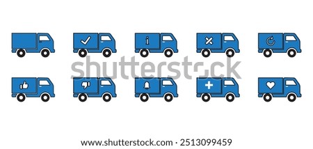 Express delivery trucks vector icons pack. confirmation, approval, accept, information, reload, like, dislike, notification, plus vector illustration