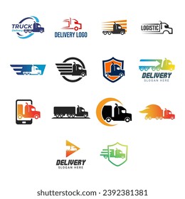 Express delivery trucks vector logo set. Fast shipment vans illustrations pack. Courier service transport design element. Distribution and logistic isolated cliparts collection