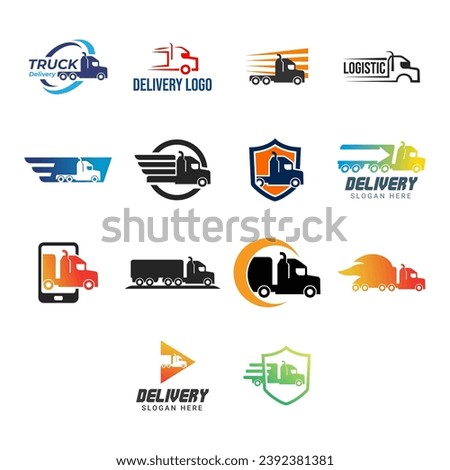 Express delivery trucks vector logo set. Fast shipment vans illustrations pack. Courier service transport design element. Distribution and logistic isolated cliparts collection