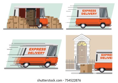 Express delivery.  Urgent delivery of parcels by car. Services of delivery of parcels by car. Car for parcel delivery. Flat style. Flat design. Vector illustration Eps10 file