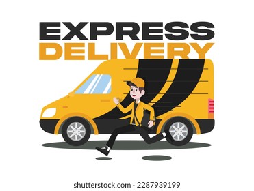 Express Delivery Van With Postman Running with Bag. Vector Design