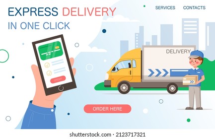 Express delivery vector banner. Online shipping services banner background with delivery van and mobile application. Delivery courier with parcel on vector illustration concept.