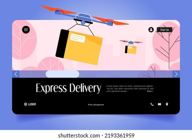 Express Delivery Web Banner With Drone Carry Parcel. Logistic Innovation, Automated Aerial Shipping, Fast Post Service With Unmanned Quadcopter Fly With Package Box, Line Art Flat Vector