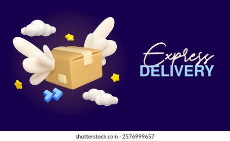 Express delivery web banner. Vector 3d parcel package flying, fast shipment concept. Courier service illustration isolated on dark background. Box with wings in sky