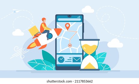 Express-Lieferung. Der junge Kurier auf einer Rakete mit Rucksack. Frachtabteilung. Kurierdienst. Online-Zustellung über mobile App. Konzept des elektronischen Geschäftsverkehrs. Online Bestellverfolgung. Cartoon flaches Design. Vektorgrafik