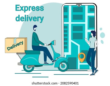 Entrega exprés.Un mensajero en una motocicleta entrega pedidos.El concepto de logística y pedidos online y servicio de mensajería.Cartel en estilo de negocio.Ilustración vectorial plana.