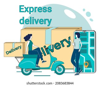 Express delivery.A courier on a scooter delivers orders.The concept of logistics and online orders and courier service.Poster in business style.Flat vector illustration.