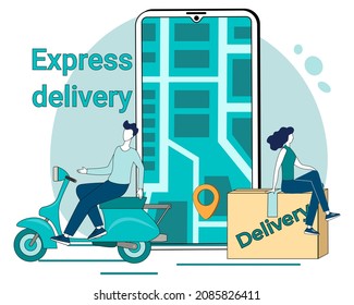 Express delivery.A courier on a scooter delivers orders.The concept of logistics and online orders and courier service.Poster in business style.Flat vector illustration.