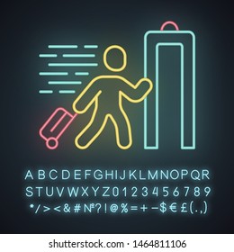 Express entry neon light icon. Passenger passing x-ray check at airport. Body scan machine. Express path facility. Glowing sign with alphabet, numbers and symbols. Vector isolated illustration