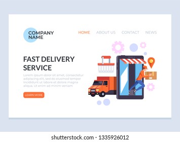 Express fast delivery logistic cargo. Courier man character delivering box parcel to consumer. E-commerce web page banner poster flat cartoon graphic design concept