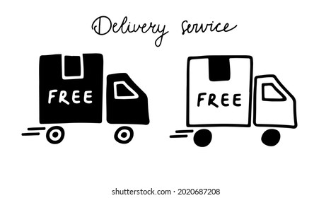 Express fast delivery shipping design. Free delivery service icons with lettering and two trucks in doodle style. 